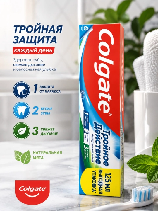 Colgate Triple Action tish pastasi, 125 ml – oqartirish, kariyesdan himoya