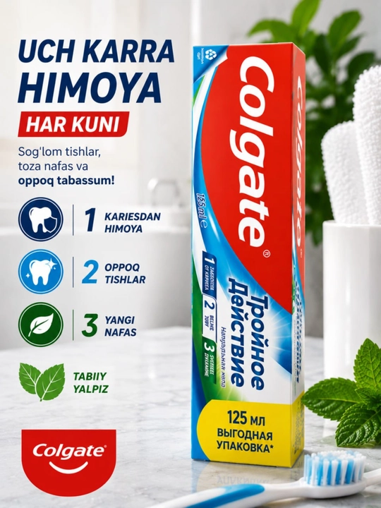 Colgate Triple Action tish pastasi, 125 ml – oqartirish, kariyesdan himoya - 