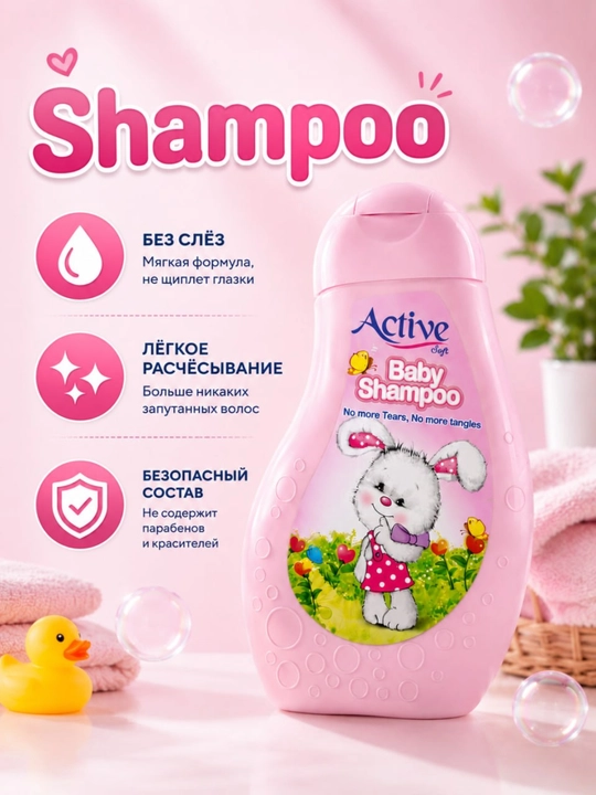 Active Soft Baby Shampoo – Bolalar uchun ko‘zni achishtirmaydigan, xavfsiz va yumshoq - 