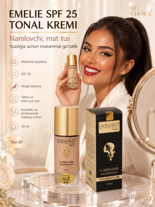 Onal krem, yuz uchun Еmelie spf 25, namlovchi, mot ohang, 45 ml