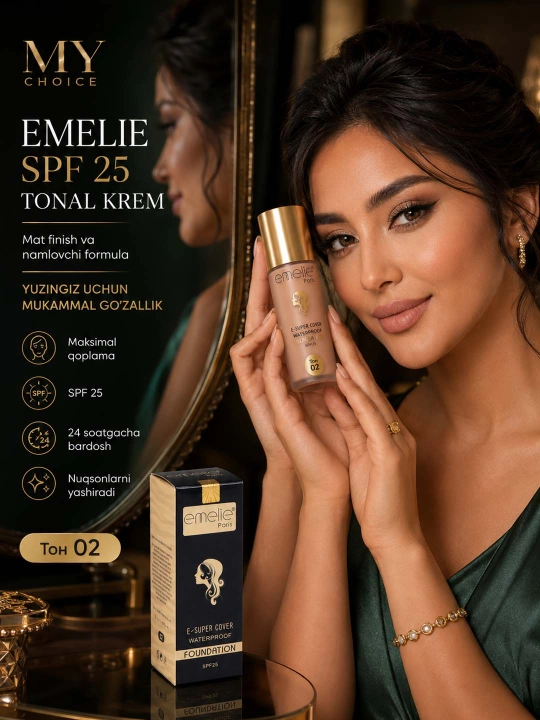 Тональный крем для лица Emelie SPF 25, увлажняющий, матовый тон, 45 мл - 