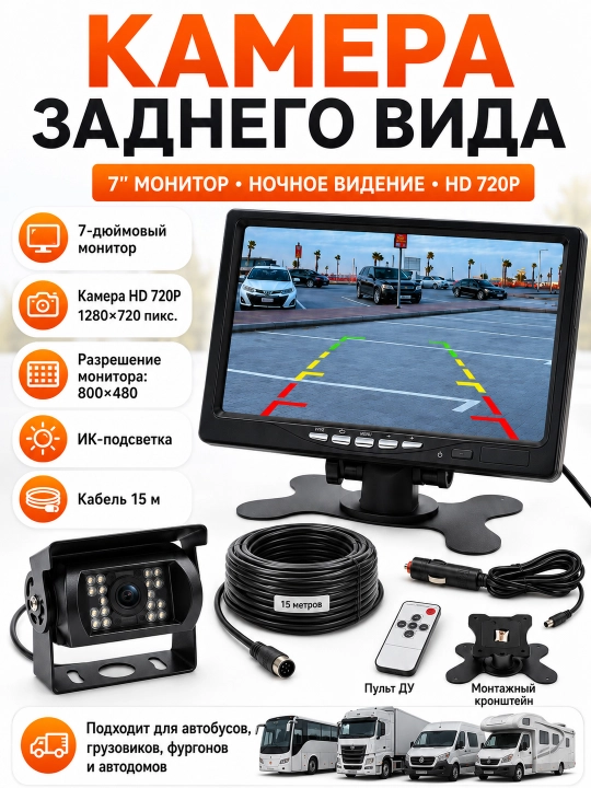 Камера заднего вида с 7-дюймовым монитором и кабелем 15 м для грузовиков автобусов и RV - 