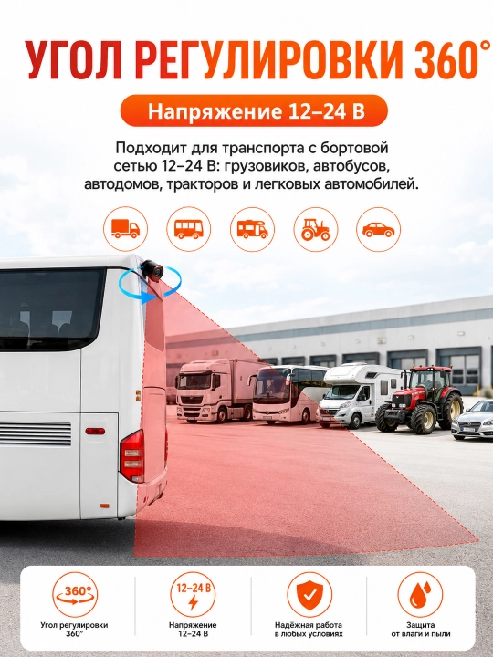 Камера заднего вида с 7-дюймовым монитором и кабелем 15 м для грузовиков автобусов и RV