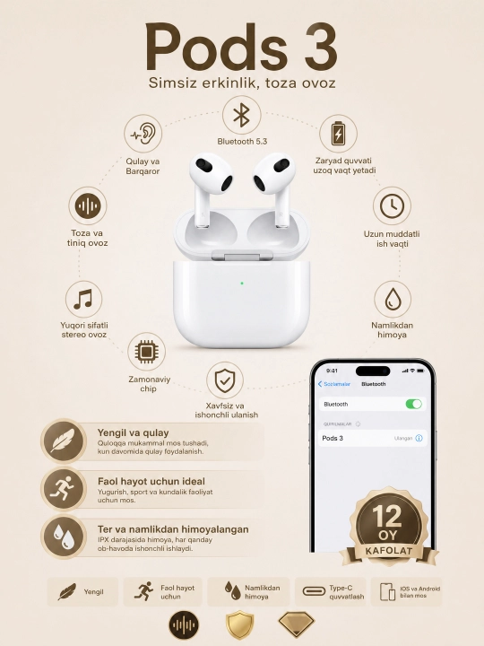 Simsiz quloqchinlar Pods 3, sensorli va blutuz naushniklar, iPhone va Android uchun