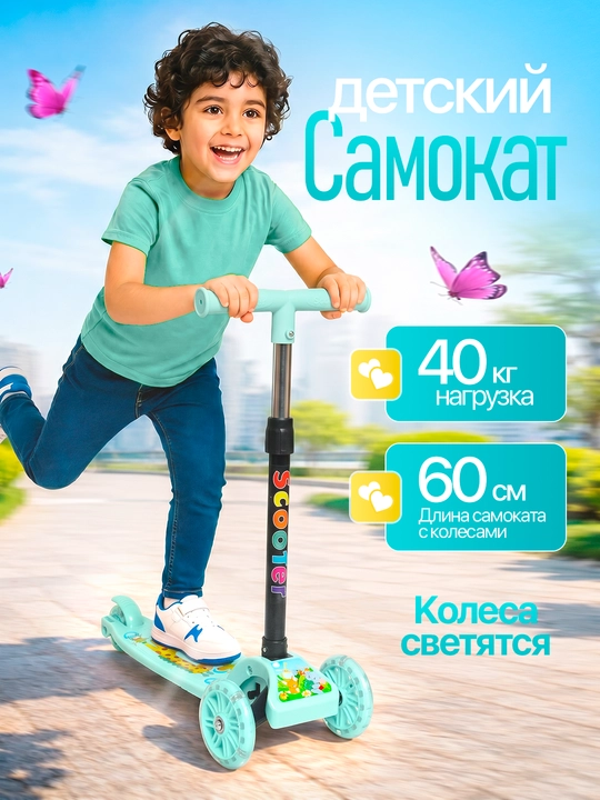 Детский самокат, современные светящиеся колеса, регулируемый руль, для мальчиков и девочек - 