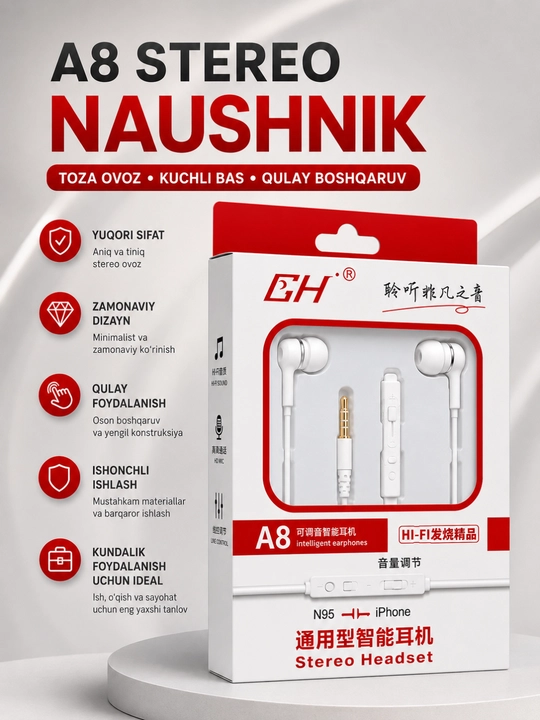 A8 Stereo Simli Naushnik Mikrofonli 3.5 mm Quloqchin Android va iPhone Qurilmalari uchun - 