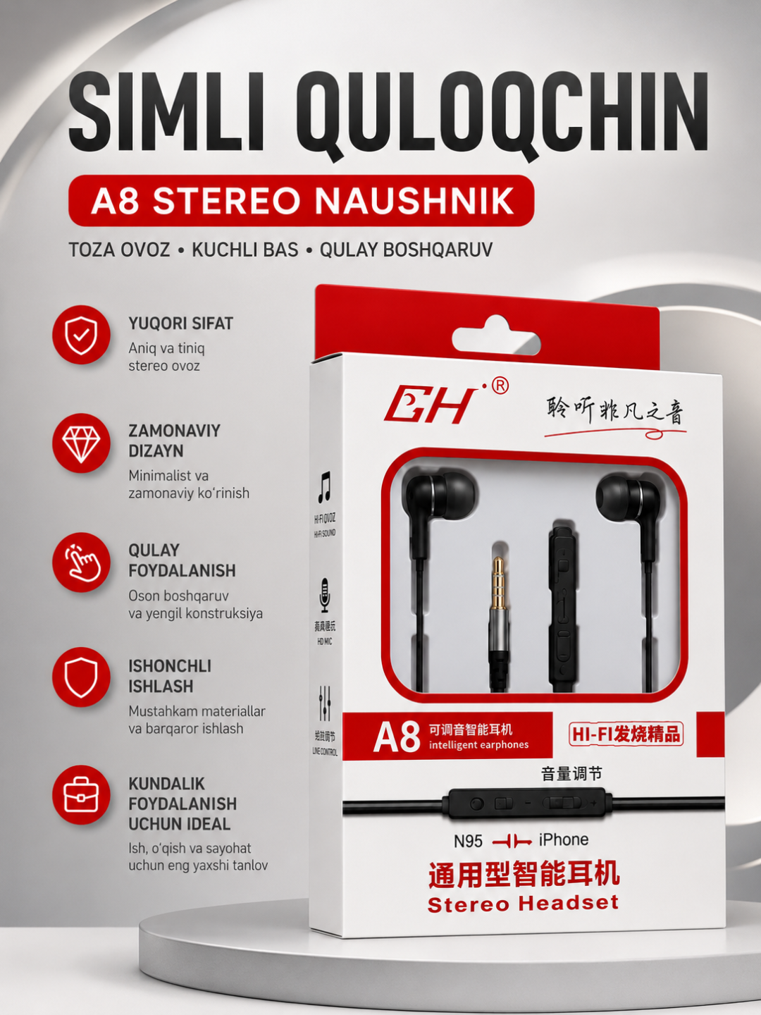 A8 Stereo Simli Naushnik Mikrofonli 3.5 mm Quloqchin Android va iPhone Qurilmalari uchun - 