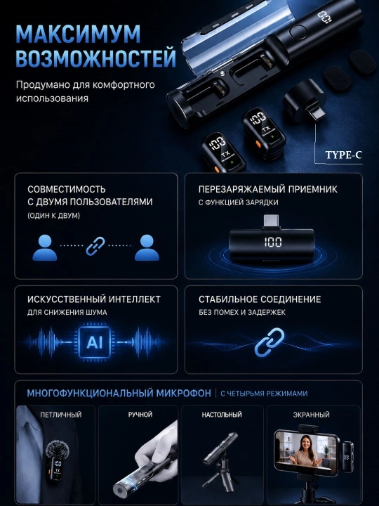 Blogerlar uchun simsiz petlichka mikrofon Lavaliere Video 2 Type-C/Lightning
