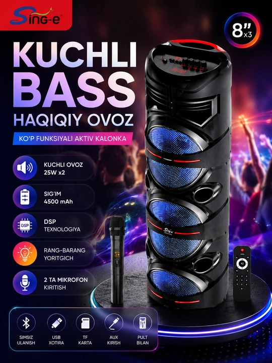 Kolonka, bluetooth simsiz portativ karnay, karaoke, RGB yoritgich va mikrofon, ZQS-8301 - 
