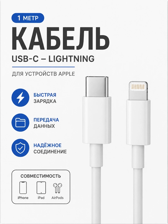 USB-C to Lightning шнур для Айфон — быстрый зарядный USB для iPhone X, 11, 12, 13, 14