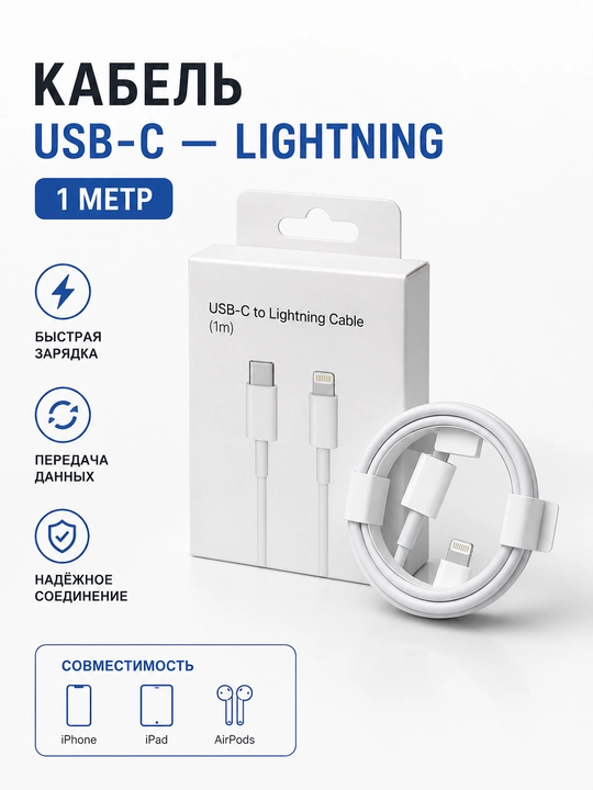 USB-C to Lightning шнур для Айфон — быстрый зарядный USB для iPhone X, 11, 12, 13, 14