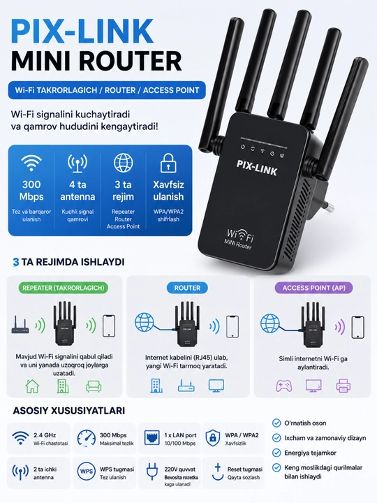 Мини роутер, репитер, усилитель сигнала, Wi-Fi, 3 в 1 (LV-WR09) - 