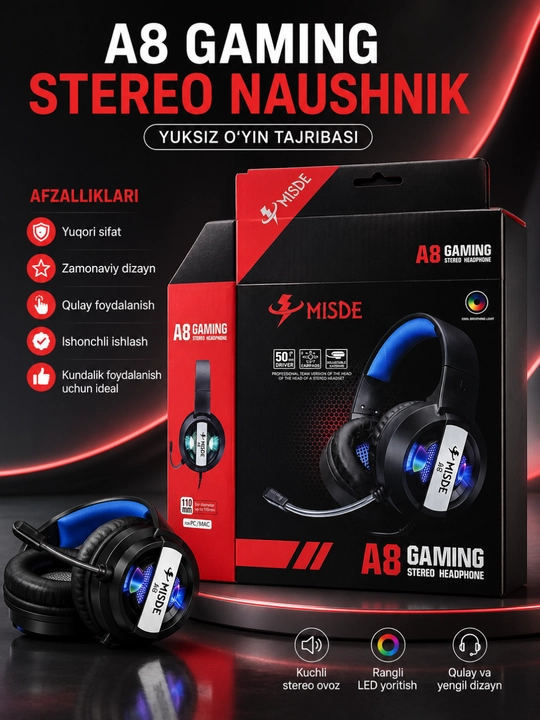 A8 Gaming Stereo Naushnik RGB LED Mikrofonli Simli Quloqchin Kompyuter va Telefon uchun - 