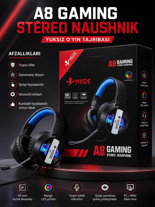 A8 Gaming Стерео Игровые Наушники с Микрофоном RGB LED для ПК, Ноутбука и Телефона - 