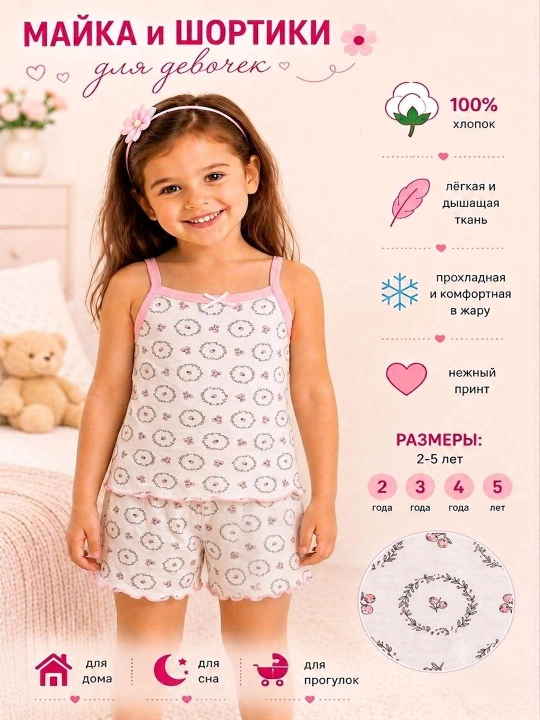 Летний комплект для девочек: майка и шортики, 100% хлопок
