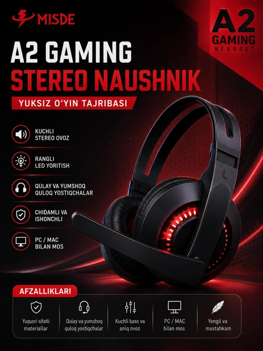A2 Gaming Стерео Игровые Наушники с Микрофоном RGB LED для ПК, Ноутбука и Смартфона - 