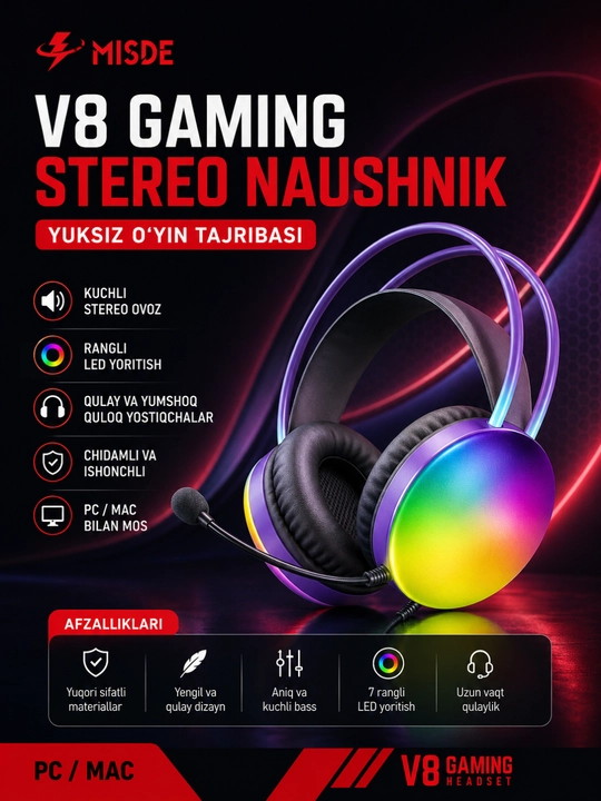 V8 Gaming Stereo Naushnik RGB LED Mikrofonli Simli Quloqchin PC, Laptop va Telefon uchun - 