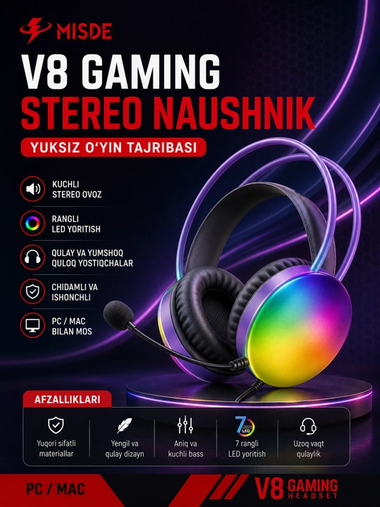 V8 Gaming Стерео Игровые Наушники с Микрофоном RGB LED для ПК, Ноутбука и Смартфона - 