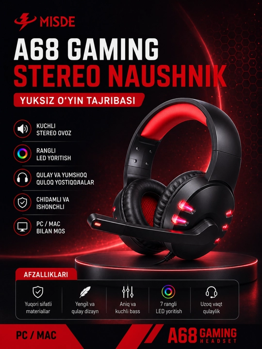 A68 Gaming Stereo Naushnik RGB LED Mikrofonli Simli Quloqchin PC, Laptop va Telefon uchun - 