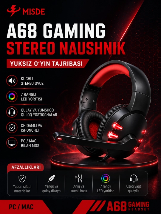 A68 Gaming Стерео Игровые Наушники с Микрофоном RGB LED для ПК, Ноутбука и Смартфона - 