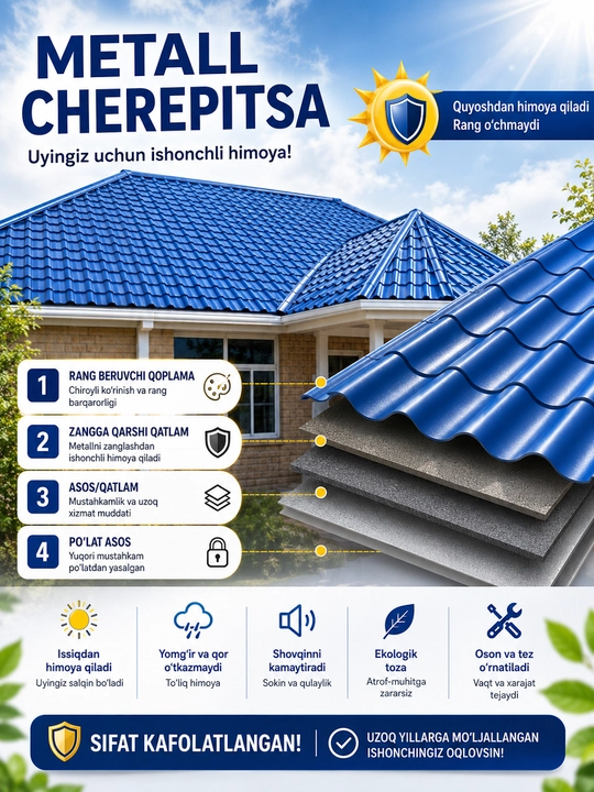 1050 mm 4 qatlamli metall cherepitsa – ASA himoyali, UVga chidamli tom yopma - 