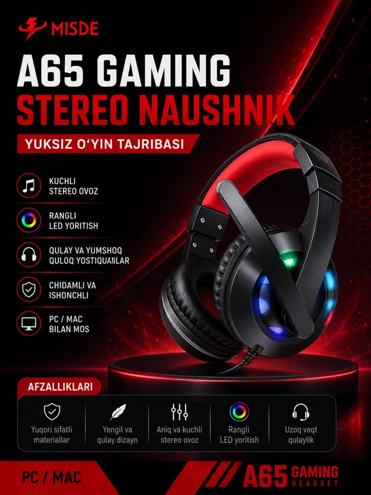 A65 Gaming Stereo Naushnik RGB LED Mikrofonli Simli Quloqchin PC, Laptop va Telefon uchun - 
