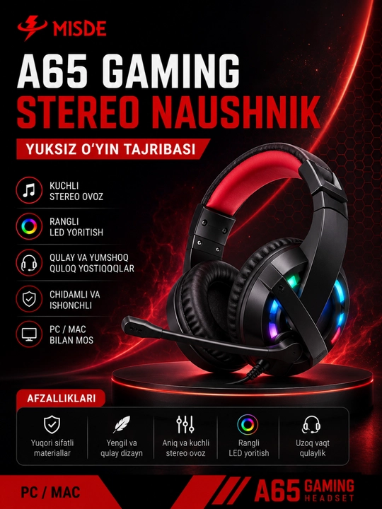 A65 Gaming Стерео Игровые Наушники с Микрофоном RGB LED для ПК, Ноутбука и Смартфона - 