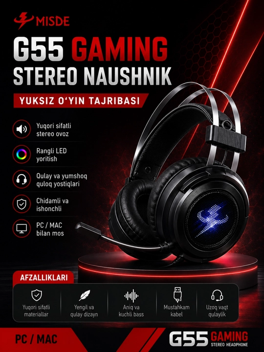 Игровые стерео наушники MISDE G55 с RGB LED, микрофоном для ПК и Mac - 