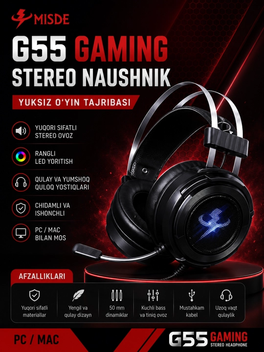 MISDE G55 Gaming Stereo Naushnik RGB LED Mikrofonli Simli Quloqchin PC va Mac uchun - 