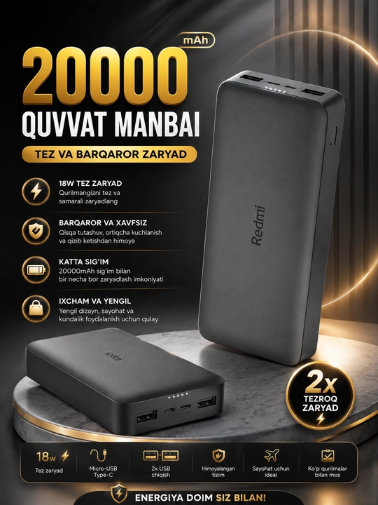 Tashqi akkumulyator, 20000 mA/h, 66w, tezkor quvvat beraoladi va juda qilay Power bank - 