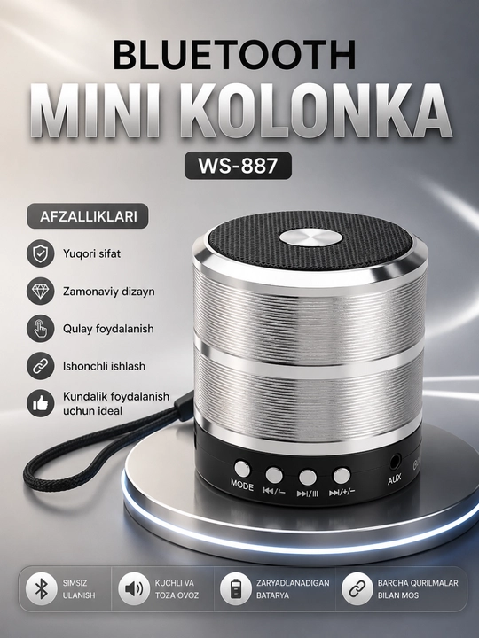 WS-887 Bluetooth Kolonka Simsiz Karnay FM Radio USB TF AUX Portativ Dinamik Qora - 