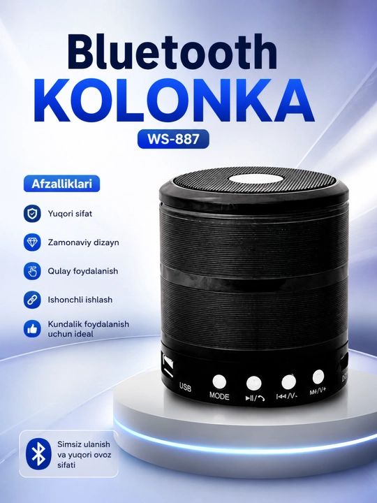 WS-887 Bluetooth Kolonka Simsiz Karnay FM Radio USB TF AUX Portativ Dinamik Qora - 