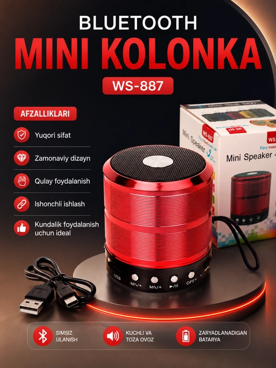 WS-887 Bluetooth Kolonka Simsiz Karnay FM Radio USB TF AUX Portativ Dinamik Qora - 