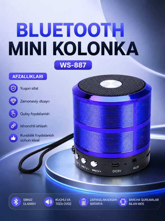 WS-887 Bluetooth Kolonka Simsiz Karnay FM Radio USB TF AUX Portativ Dinamik Qora - 