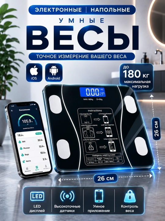Электронные весы на 180 кг  современные и компактные весы для точного измерения веса тела - 
