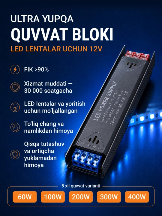 Блок питания DC 12V для LED и электрооборудования светодиодных лент - 