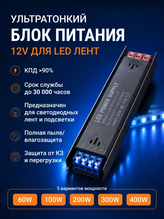 Блок питания DC 12V для LED и электрооборудования светодиодных лент