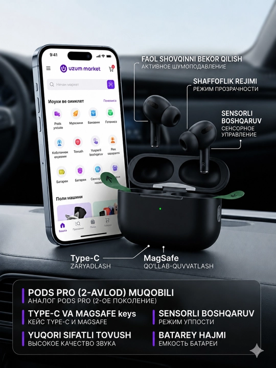 Simsiz quloqchinlar Pods Pro 2, iPhone va Android uchun naushniklar