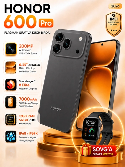 Honor 600 Pro 5G smartfoni, 200 MP kamera, 7000 mA/h batareya, flagman Snapdragon 8 Elite - 