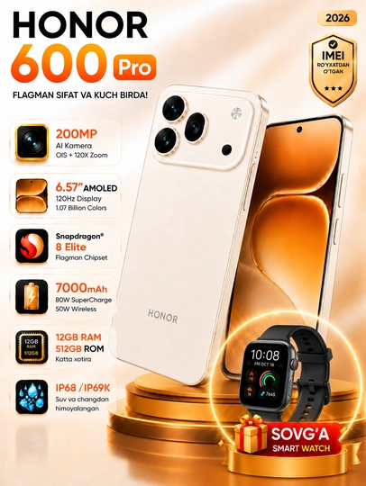 Honor 600 Pro 5G smartfoni, 200 MP kamera, 7000 mA/h batareya, flagman Snapdragon 8 Elite - 