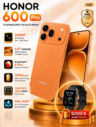 Honor 600 Pro 5G smartfoni, 200 MP kamera, 7000 mA/h batareya, flagman Snapdragon 8 Elite - 