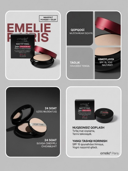 Emelie matlovchi upa, 01 va 02, 2 tasi 1 da, 24 soat mat tekislaydi, SPF 15