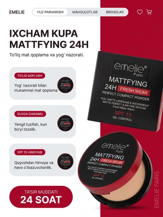 Emelie matlovchi upa, 01 va 02, 2 tasi 1 da, 24 soat mat tekislaydi, SPF 15