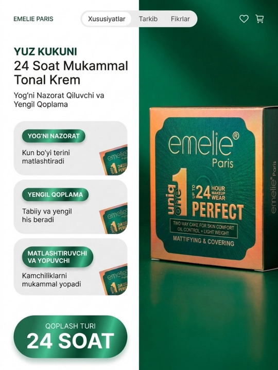 Матовая пудра Emelie, 01 и 02, 2 в 1, матовый эффект на 24 часа, SPF 15 - 