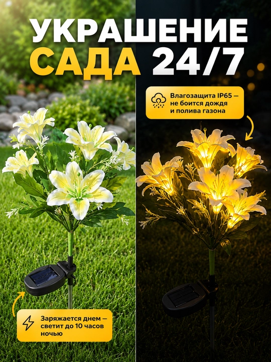 Садовый светильник лилия на солнечной батарее, уличный фонарь для сада и газона