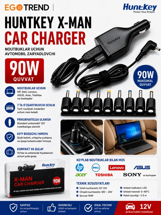 Huntkey X-MAN Car Charger 90W avtomobil zaryadlovchi qurilmasi, noutbuklar uchun, 12V