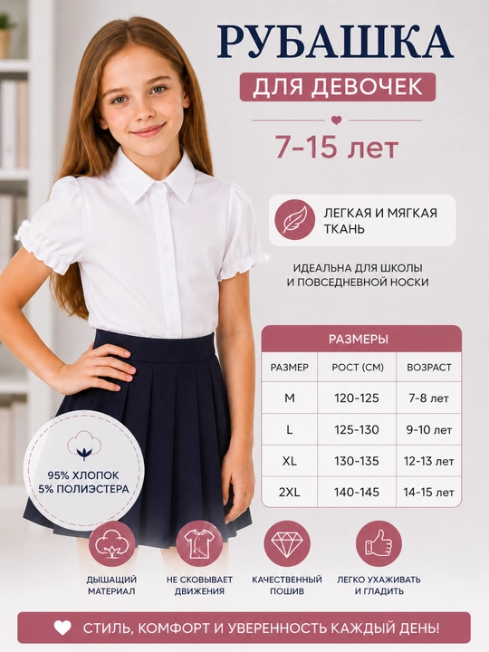 Qizlar uchun qisqa yengli maktab oq ko‘ylagi, 3 xil model - 