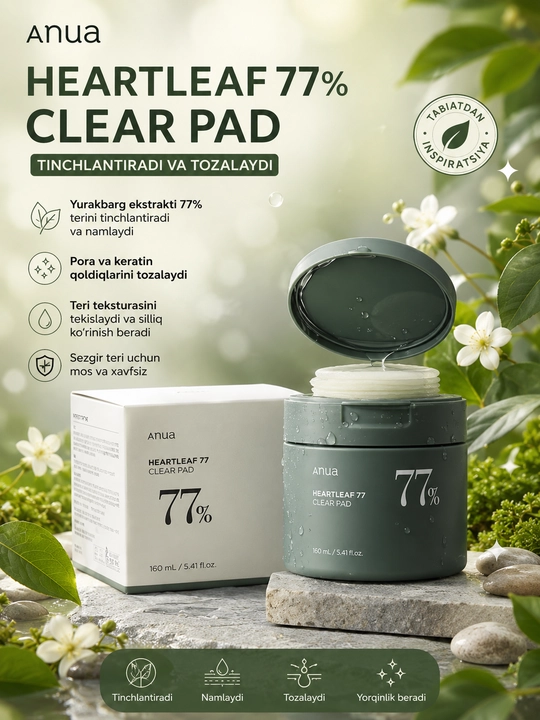 Yuzni tozalash, tinchlantirish va tekislash uchun Anua Heartleaf 77% Clear Pad yostiqchalari - 