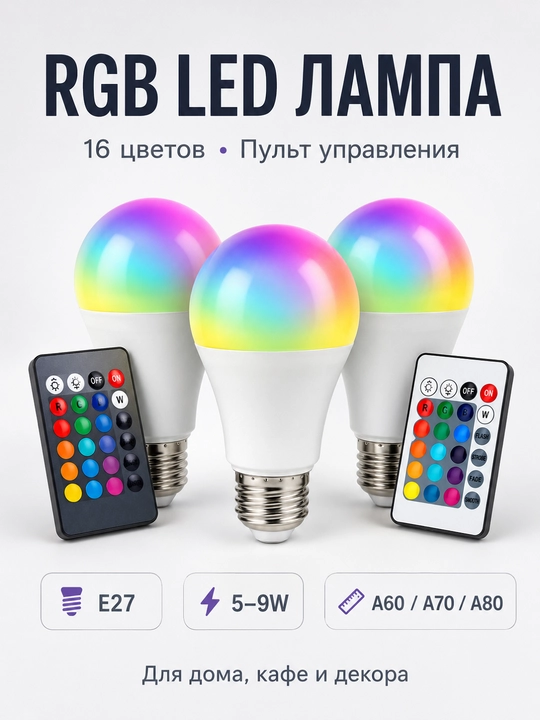 Светодиодная RGB лампа A65 с пультом, 16 цветов, 9W, E27 - 