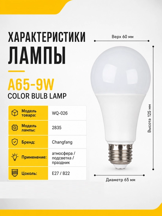 Светодиодная RGB лампа A65 с пультом, 16 цветов, 9W, E27